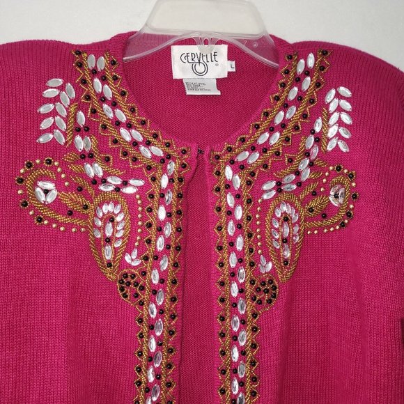 Cervelle Sweater Women L Vintage Beaded Embroidered Cardigan Removable Pads Pink - Picture 3 of 11